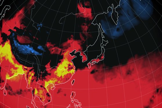 세계 기상 정보 비주얼 맵인 어스윈드맵으로 확인한 지난 2일 오후 3시 한반도 일대가 기온과 불쾌지수 상승으로 붉게 표시되고 있다. [뉴스1]