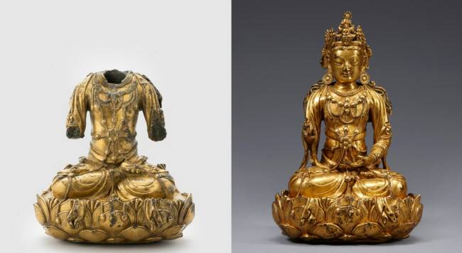기메동양박물관 소장 금동보살좌상(왼쪽)과 국립춘천박물관 소장 금동관음보살상(오른쪽). 국외소재문화재재단 제공