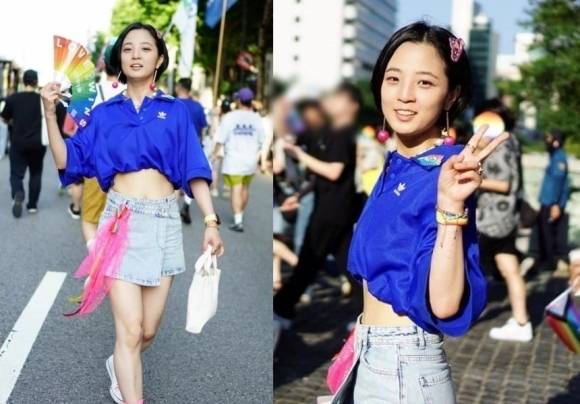 류호정 정의당 의원이 지난 1일 서울 퀴어축제에 참여해 포즈를 취하고 있다. 류 의원 페이스북 갈무리