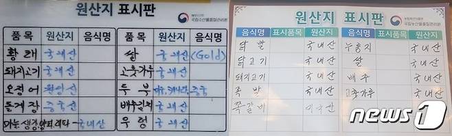 대전시 특사경이 원산지표시법 위반 혐의로 적발한 관내 음식점 2곳의 원산지 표지판.(대전시 제공)/뉴스1