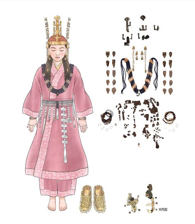 1500년전 신라 공주의 무덤인 ‘경주 쪽샘 44호분’에서 출토된 금동관, 귀걸이, 가슴걸이, 허리띠 장식, 금동신발 등 다양한 유물들로 10대에 숨져 묻힌 공주의 모습을 재현한 그림. 국립경주문화재연구소 제공