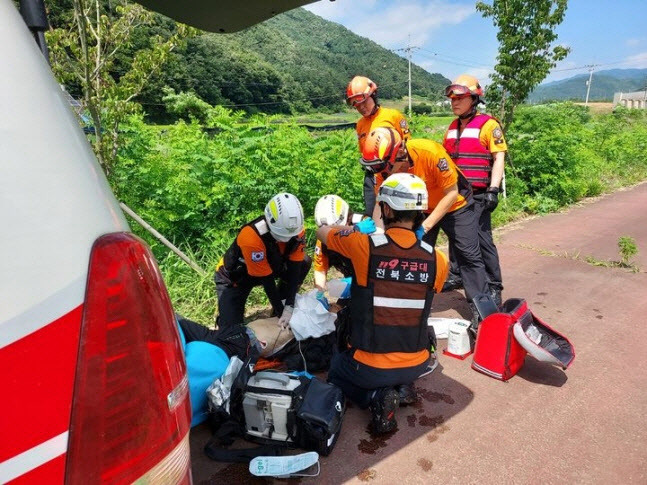 구급대원들이 심정지 상태로 발견된 80대 남성에게 심폐소생술을 하고 있다. (사진=전북소방본부)