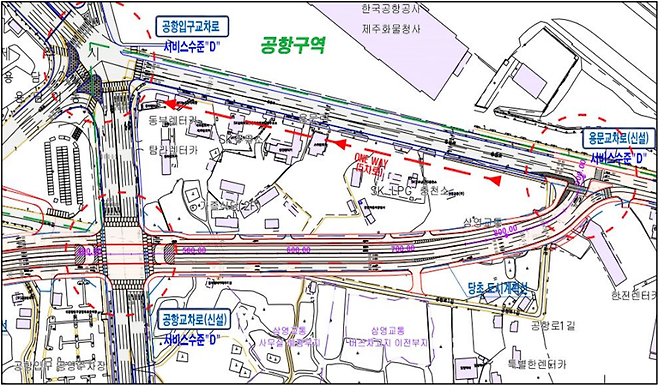 제주국제공항 인근 교차로 위치 및 일방통행 구간(제주시 제공)