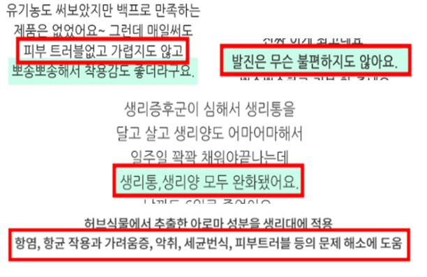 의약외품으로 허가된 제품의 ‘월경통 완화’ 등 거짓·과장 광고 사례. 식품의약품안전처