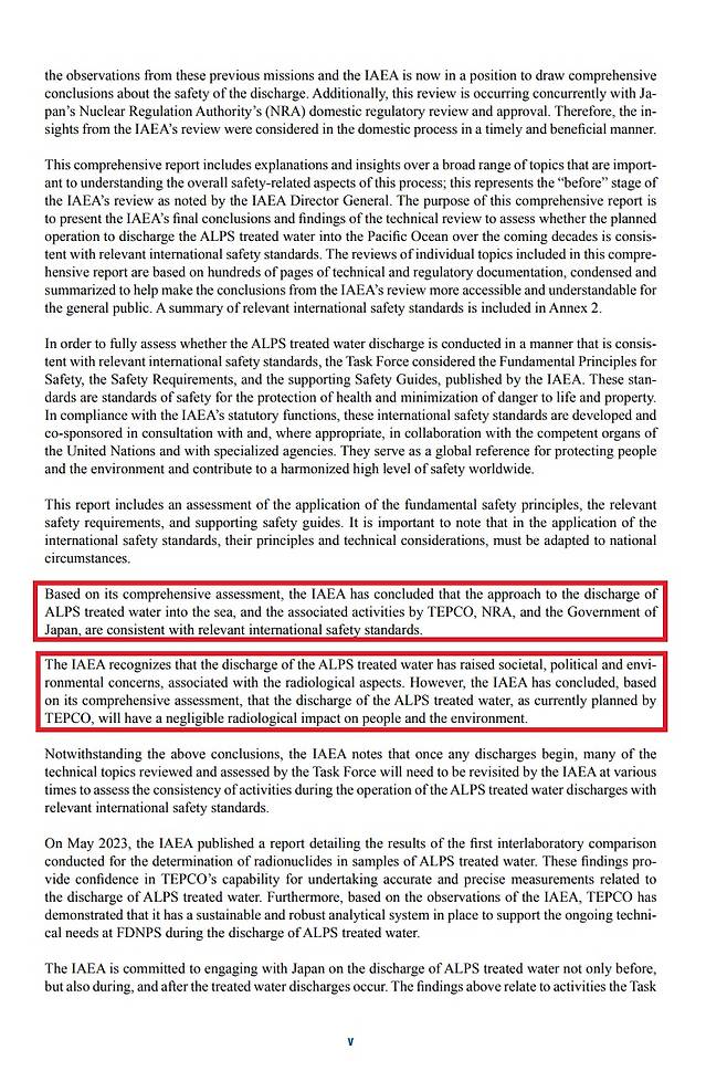 ▲IAEA가 후쿠시마 오염수 방출 검토 보고서 5쪽에서 알프스 처리수 방출이 국제기준에 부합하다고 밝히고 있다. 사진=IAEA 보고서 갈무리