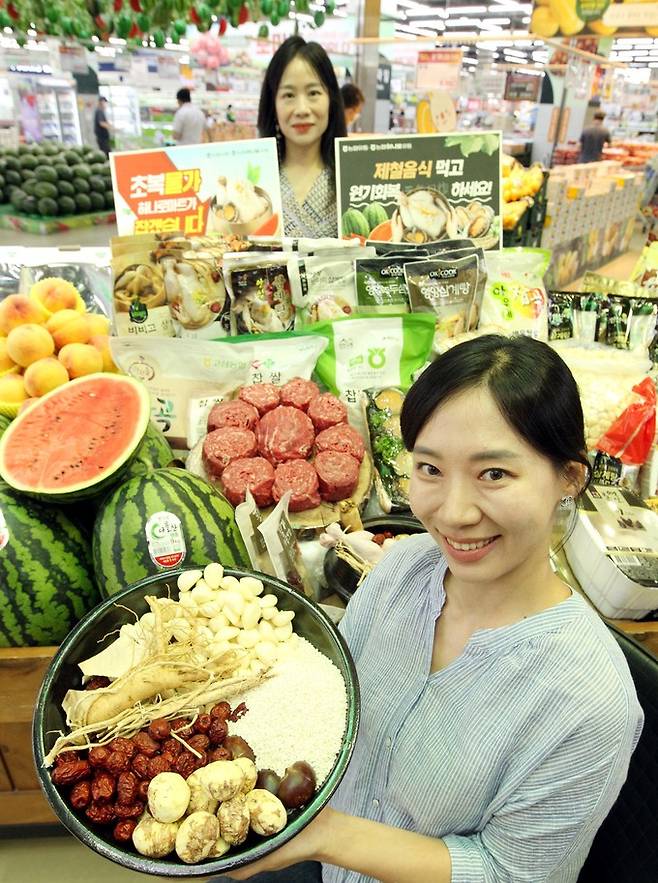 5일 서울 서초구 하나로마트 양재점에서 모델들이 원기 회복에 좋은 초복 보양식 물가안정 행사를 소개하고 있다.