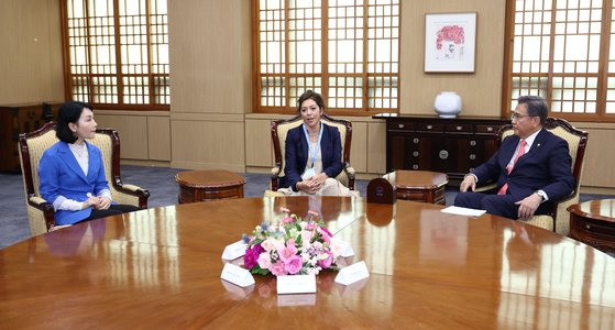 지난해 8월 박진 외교부 장관(오른쪽)이 서울 종로구 도렴동 외교부 청사에서 엘리자베스 살몬 북한인권 특별보고관(가운데), 이신화 신임 북한인권 국제협력대사를 접견하는 모습. 연합뉴스.