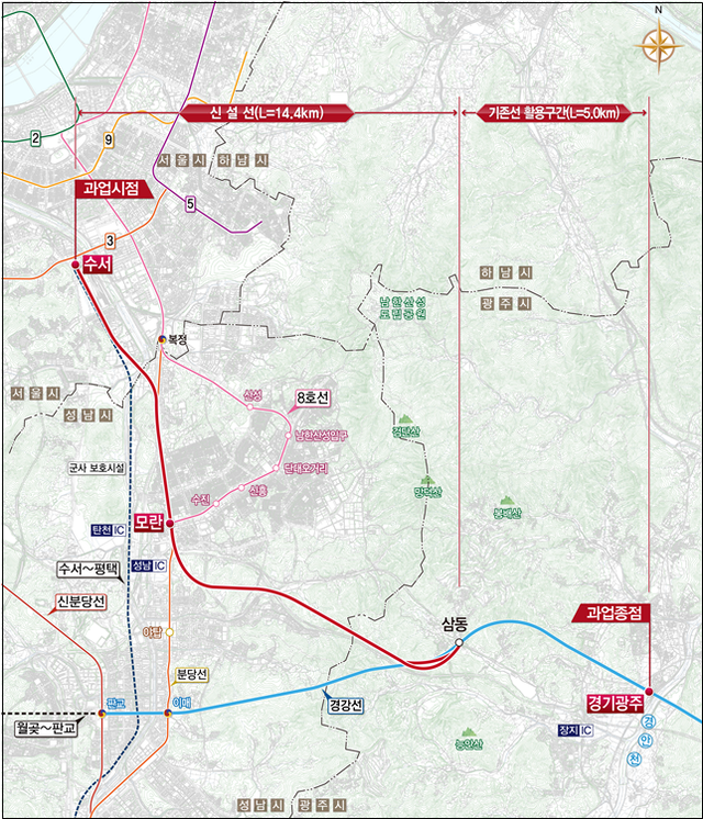 서울 강남 수서∼경기 광주 복선전철 사업 기본계획안 노선도. 국가철도공단 제공