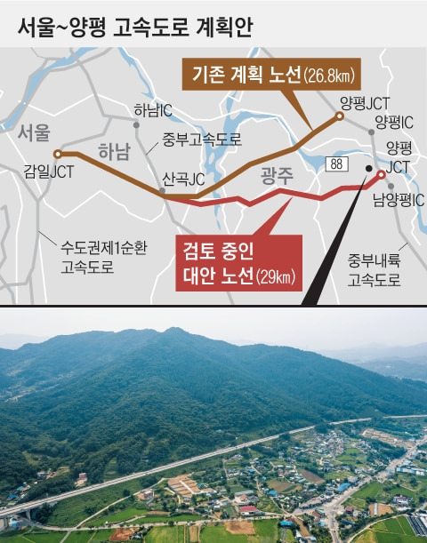 6일 경기 양평군 강상면 병산리 일대의 모습. 사진 정면의 산이 김건희 여사 일가가 소유 중인 땅으로 알려졌다. 산 아래 좌우로 뻗은 고속도로는 중부내륙고속도로다. 이번에 논란이 된 서울-양평 고속도로는 중부내륙고속와 합류하는 형태로 지어질 예정이었다. 사진상으로는 선산 좌측이 서울-양평 고속도로가 지어질 곳이었다. /사진=고운호 기자, 그래픽=김하경