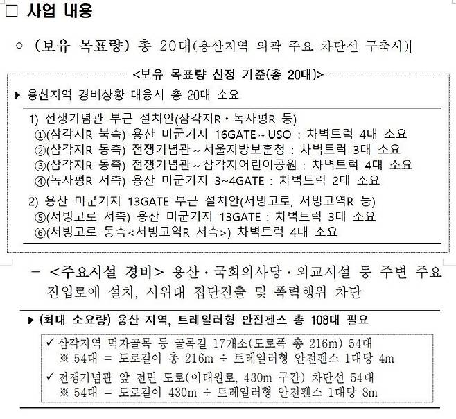 용산지역 경비상황 대응을 기준으로 보유 목표량을 산정한 차벽트럭과 트레일러형 안전펜스. 2023년도 예산안요구서 주요사업 설명자료.