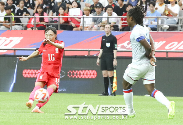 8일 서울 마포구 상암동 서울월드컵경기장에서 열린 대한민국 여자축구대표팀과 아이티의 평가전에서 대한민국 장슬기가 슛을 날리고 있다. 사진┃뉴시스