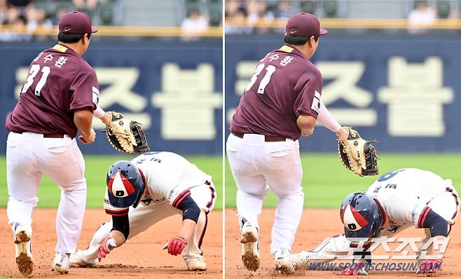 갑자기 허리를 숙이며 태그를 피하는 박준영