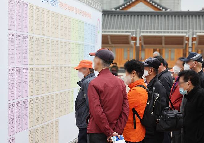 지난 4월 경기도 수원시 화성행궁 광장에서 열린 '수원시 노인 일자리 채용한마당'에서 구직자들이 채용 게시판을 살펴보고 있다. /연합뉴스