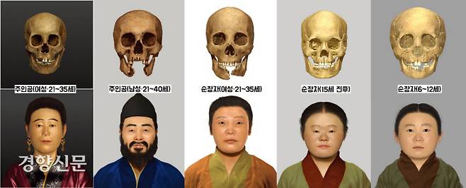 1500년 전 한반도 경북 경산에서 살았던 성별·계층별·나이별 복원 얼굴. 영남대박물관 소장 259개체의 인골 중 가능한 개체에서 골라 복원중이다. 주피장자는 물론이고 순장자 중에서도 15세 전후의 청소년과 12세 이하의 어린이까지 복원했다.|영남대박물관 제공