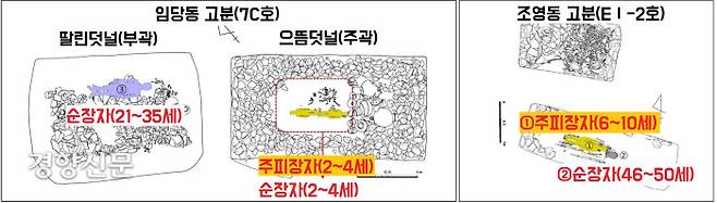 순장된 이들은 생전에 주인공을 지근거리에서 모신 시동이나 시녀일 가능성이 짙다. 무덤 주인공이 어린아이일 경우 같은 또래의 어린 순장자와 함께 성인 여성(21~35세)이 묻히기도 했다. |김대욱 영남대박물관 학예연구원 제공
