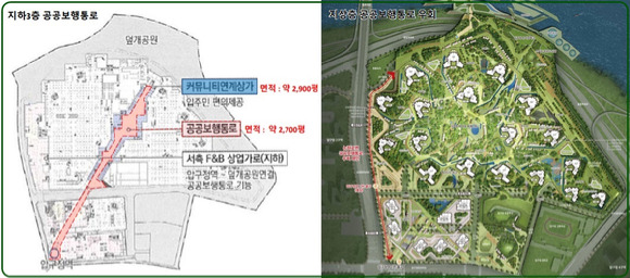 공공보행통로 관련 '해안의 설계안(왼쪽)'과 '희림의 설계안'. [사진=각 사]