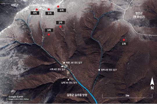 북한 풍계리 핵실험장 주변 지표수의 합류 지점. 전환기정의워킹그룹(TJWG) 제공.