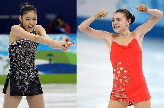 밴쿠버 금메달리스트 김연아(사진왼쪽) , 소치 금메달리스트 소트니코바. [사진출처 = 영상 캡처]