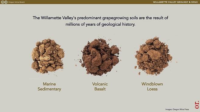 왼쪽부터 해양충적토, 화산토, 로에스.&nbsp; &nbsp;&nbsp;출처 오리건 와인 보드