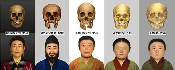 1500년 전 한반도 경북 경산에서 살았던 성별·계층별·나이별 복원 얼굴. 영남대박물관 소장 259구의 인골 중 가능한 개체에서 골라 복원 중이다. 주피장자는 물론이고 순장자 중에서도 15세 전후의 청소년과 12세 이하의 어린이까지 복원했다. / 영남대박물관 제공