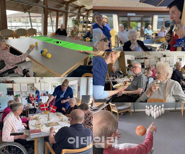 덴마크 헬싱외르에 있는 크리스티네호이 요양원에 거주 중인 노인들이 공유공간에서 볼링, 음악회, 공놀이 등의 활동을 하고 있다.(사진=크리스티네호이 요양원)