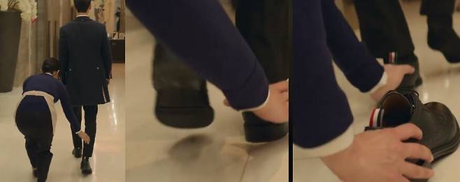 드라마 <셀러브리티>에서 일하는 분이 주인공의 움직임에 방해되지 않게 신발을 벗기는 장면. 유튜브 갈무리