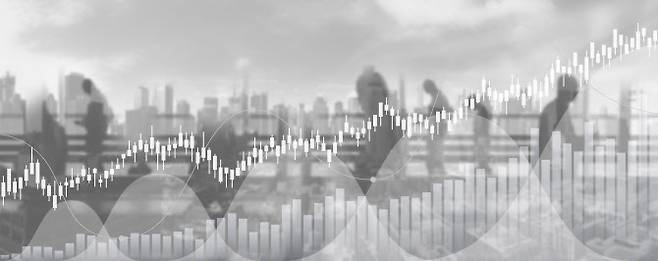 financial chart with uptrend line graph of stock market and people on cityscape background