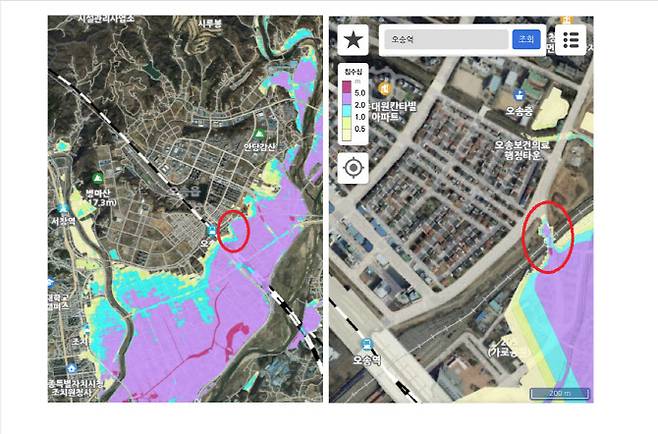 홍수위험지도 홈페이지(좌측)에서 최대로 확대한 화면에서는 붉은 원으로 표시된 오송 지하차도의 침수 가능성을 확인하기 어렵다. 다만 모바일 화면(우측)에서는 오송 지하차도의 침수위험이 붉게 표시되어 제방 유실 등의 극한 상황에서 침수 정도가 매우 심각한 지역이란 점을 알 수 있다.