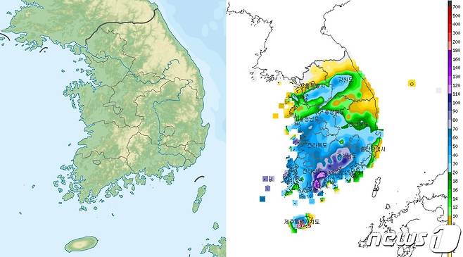 18일 오후 2시 기준 일 강수량(오른쪽)과 남한 전도 ⓒ 뉴스1