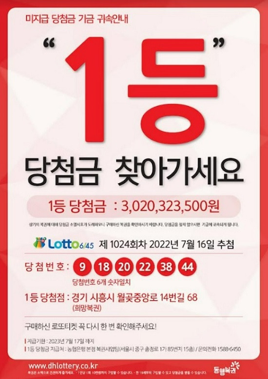 지난해 7월 16일 추첨한 1024회 로또복권 1등 미수령 당첨자가 지급기한을 넘기지 않고 30억 원을 찾아간 것으로 확인됐다. /동행복권