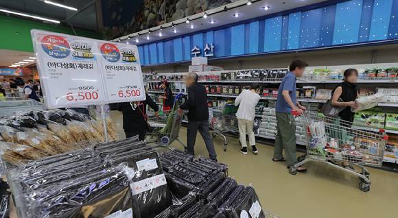서울 시내 한 대형마트에 수산물 상품이 진열돼 있다. 일본 원전 오염수 방류에 대한 우려가 김·미역·소금·멸치 등 근해 수산물 먹거리에 대한 일부 소비자들의 걱정으로 이어지고 있다. [사진=뉴시스]
