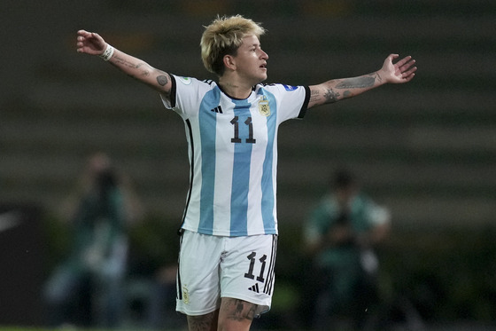 Argentina's Yamila Rodriguez celebrates scoring her side's third goal against Paraguay during a Copa America match in Armenia, Colombia on July 29, 2022.  [AP/YONHAP]