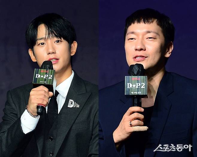 배우 정해인, 손석구(왼쪽부터)가 18일 서울시 강남구 그랜드 인터컨티넨탈 서울 파르나스에서 열린 넷플릭스 오리지널 시리즈 
‘D.P.’ 시즌2 제작발표회에서 출연 소감을 밝히고 있다. 김민성 기자 maineboy@donga.com