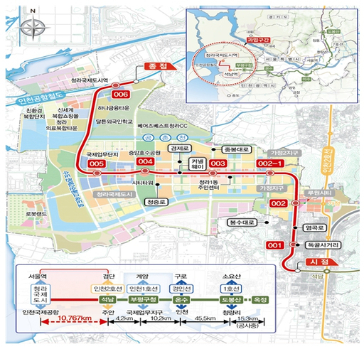 서울도시철도 7호선 청라국제도시 연장선 노선도. 인천시 제공
