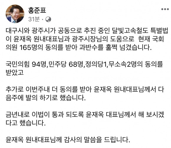 홍준표 대구시장이 20일 SNS에 “ ‘달빛고속철도 특별법’ 국회동의가 과반수를 넘겼다”고 밝혔다.