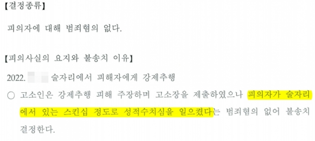 강제추행 고소에 대한 경찰의 불송치 결정서. 연합뉴스