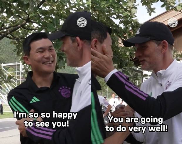 김민재(왼쪽)와 토마스 투헬 감독이 반갑게 인사를 나누고 있다. /사진=바이에른 뮌헨 공식 SNS 영상 갈무리