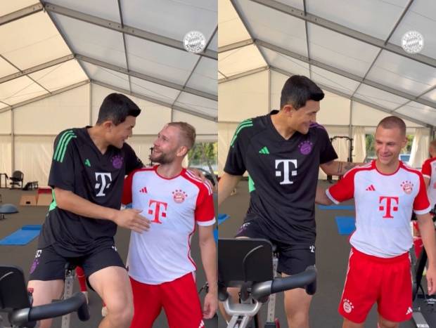 바이에른 뮌헨 동료들과 인사하는 김민재(왼쪽). /사진=바이에른 뮌헨 공식 SNS 영상 갈무리