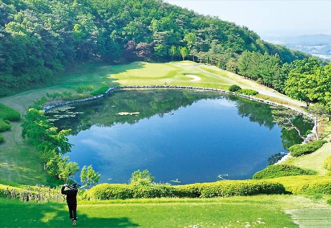 조희찬 한국경제신문 기자가 경기 여주 신라CC 남코스 5번홀(파3)에서 티샷하고 있다.  /여주=임대철 기자