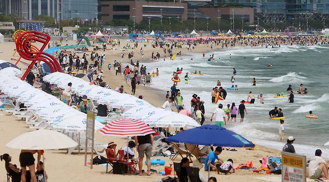 본격적인 휴가철이 시작되고 첫 주말을 맞은 23일 오후 부산 해운대해수욕장에서 피서객들이 물놀이를 하며 더위를 식히고 있다. /연합뉴스