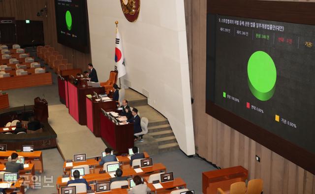 지난달 21일 서울 여의도 국회 본회의장에서 스토킹처벌법 개정안에 대한 표결 결과가 화면에 표시되고 있다. 고영권 기자