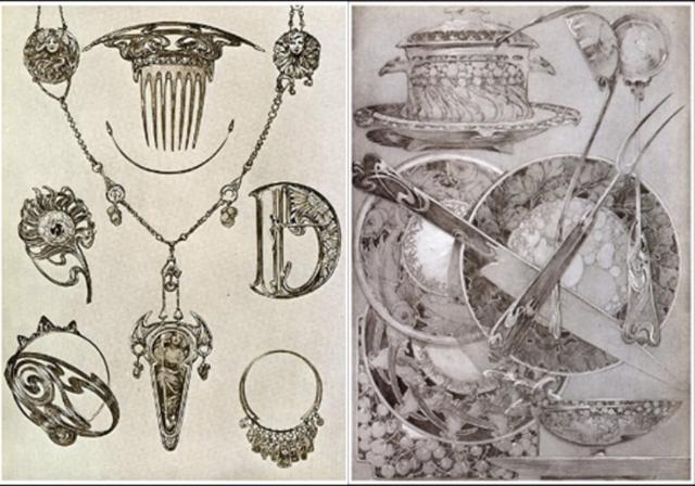 알폰스 무하의 보석 디자인 도상과 식기 도안. 1901년