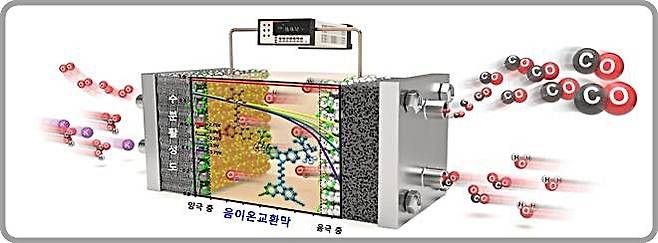 [대전=뉴시스] 이산화탄소가 일산화탄소로 전환되는 전기화학 셀(반응기)의 핵심 화학소재인 음이온교환막(중심 부분) 개념도. *재판매 및 DB 금지