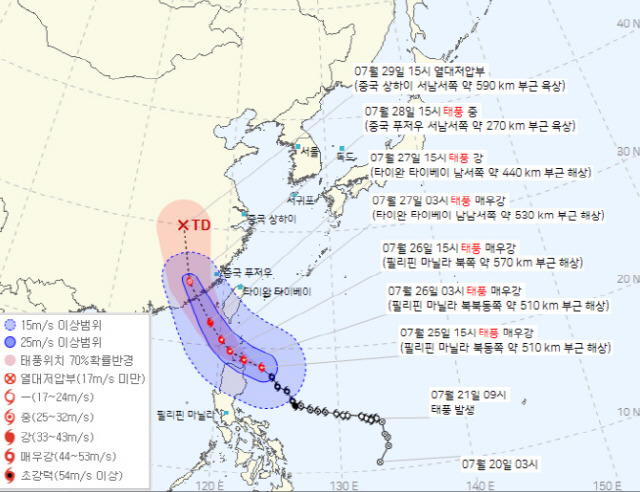 ▲ 25일 16시 발표 제5호 태풍 독수리(DOKSURI) 예상진로 [기상청 제공]