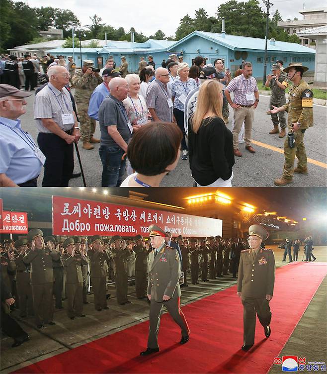 (상단 이미지) 정전협정 70주년 및 유엔군 참전의 날을 맞아 방한한 21개국 유엔참전용사 및 유가족 등 200여 명이 25일 오후 경기 파주시 DMZ내 판문점을 찾아 설명을 듣고 있다. 국가보훈부 제공 / (하단 이미지) 북한 조선중앙통신이 제공한 사진에 세르게이 쇼이구(왼쪽) 러시아 국방장관이 북한에서 열리는 전승절(6·25전쟁 정전 협정) 70주년 기념행사 참석을 위해 25일 평양 국제공항에 도착해 환영받고 있다. AP 뉴시스