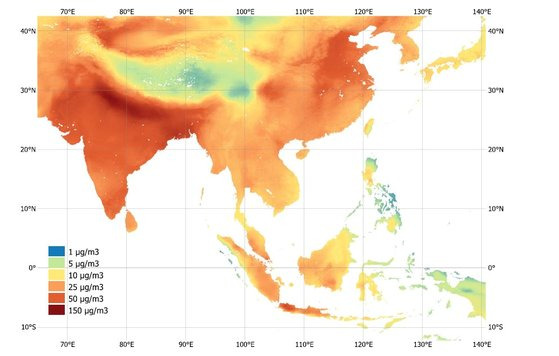 동아시아, 남아시아 지역 초미세먼지 연평균 오염도. [자료; Nature Communications, 2023]