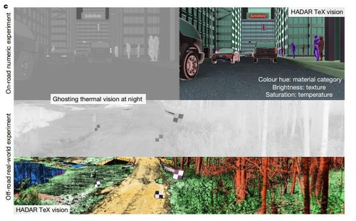 HADAR 시스템과 기존 열화상 시스템 비교 실험  연구팀이 개발한 '열 보조 탐지 및 거리 측정'(HADAR) 시스템은 도시(위)와 시골에서 모두 야간에 사람과 물체 등 대상의 질감과 깊이까지 선명하게 감지해내는 성능을 보였다. [Nature 논문 캡처. 재판매 및 DB 금지]