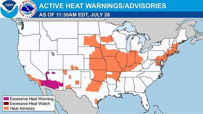 미 기상청(NWS) 폭염 특보 발령 현황 [NWS 페이스북 게시물. 재판매 및 DB 금지]