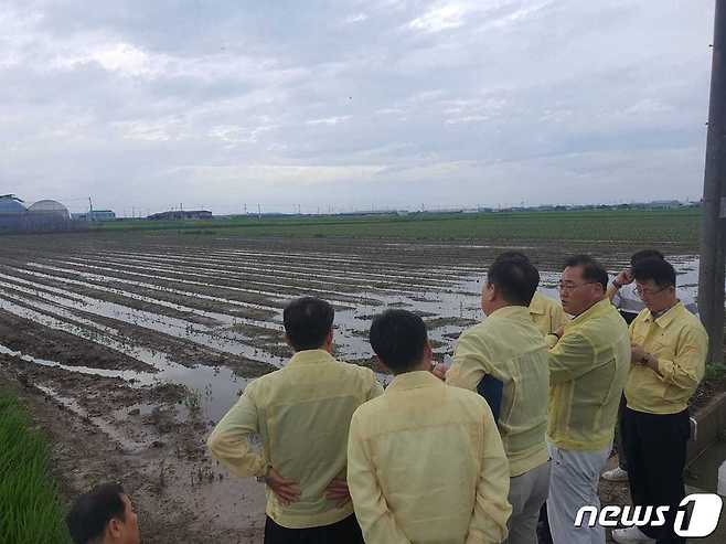 정성주 김제시장과 관계직원들이 부량면 논콩 피해지역 등 지속적인 폭우로 발생한 피해지역 현장을 살피고 있다.(김제시 제공) 2023.7.30./뉴스1