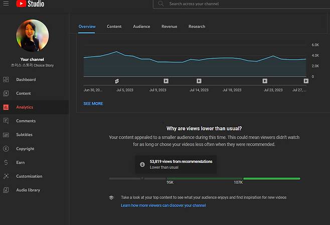 유튜브 ‘초이스 스토리’ 채널의 정보·통계 화면. 영어로 “왜 조회수가 평소보다 낮지?”라는 메시지가 보인다. 필자 제공